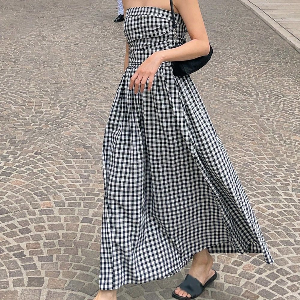 Black & White Preppy Womens Gingham Print Tube Dress - Picture 4 of 5